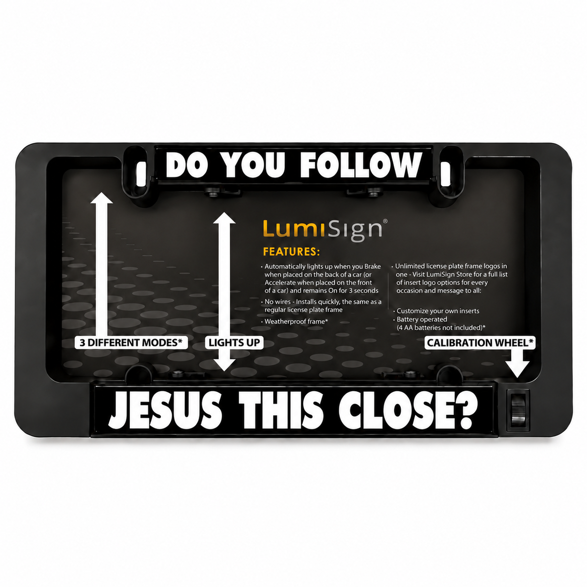 Black illuminated license plate frame insert display with setup panel