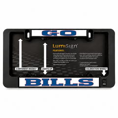 Black license plate insert packaging showing “LumiSign” features and “BILLS”