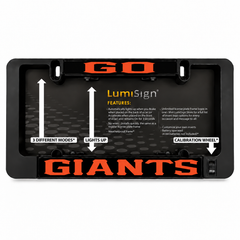 Black license plate frame kit with GO GIANTS LumiSign info panel and calibration wheel
