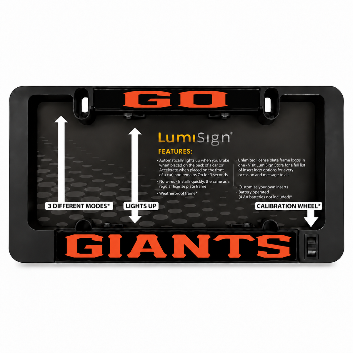 Black license plate frame kit with GO GIANTS LumiSign info panel and calibration wheel