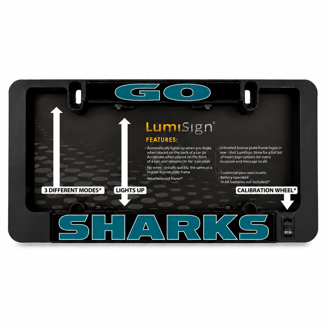 Black LUMISIGN SHARKS license plate frame insert with illuminated controls and text