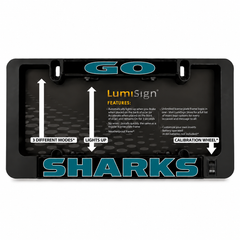 Black LUMISIGN SHARKS license plate frame insert with illuminated controls and text