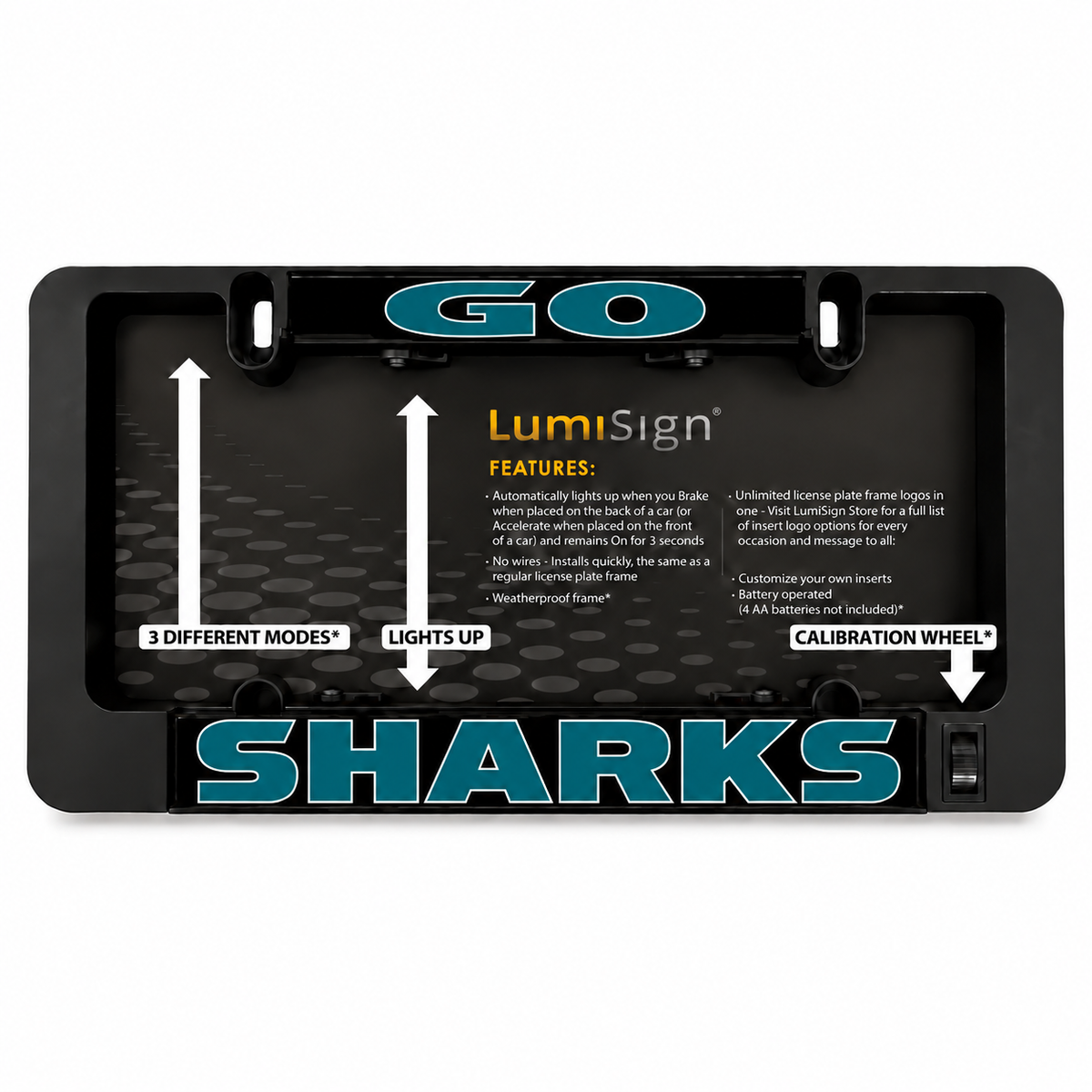 Black LUMISIGN SHARKS license plate frame insert with illuminated controls and text
