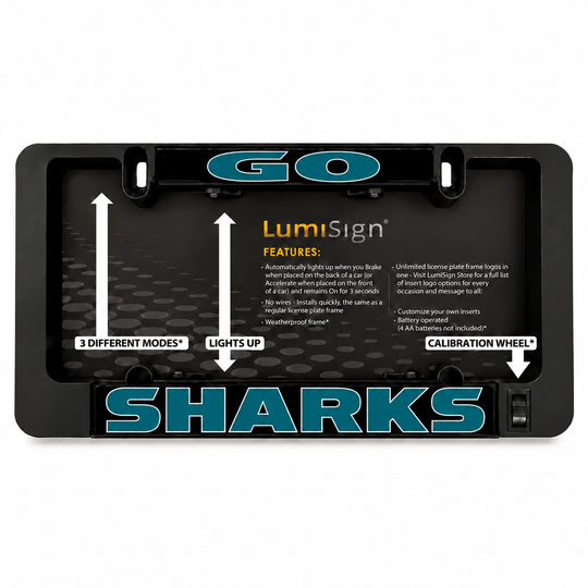 Black LUMISIGN SHARKS license plate frame insert with illuminated controls and text