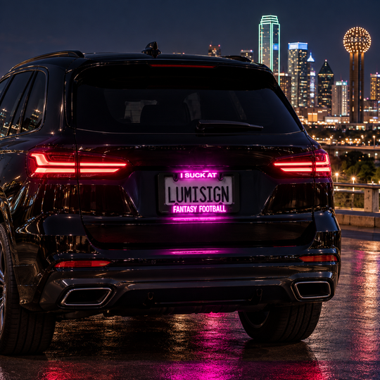 Glowing license plate frame on car rear for &