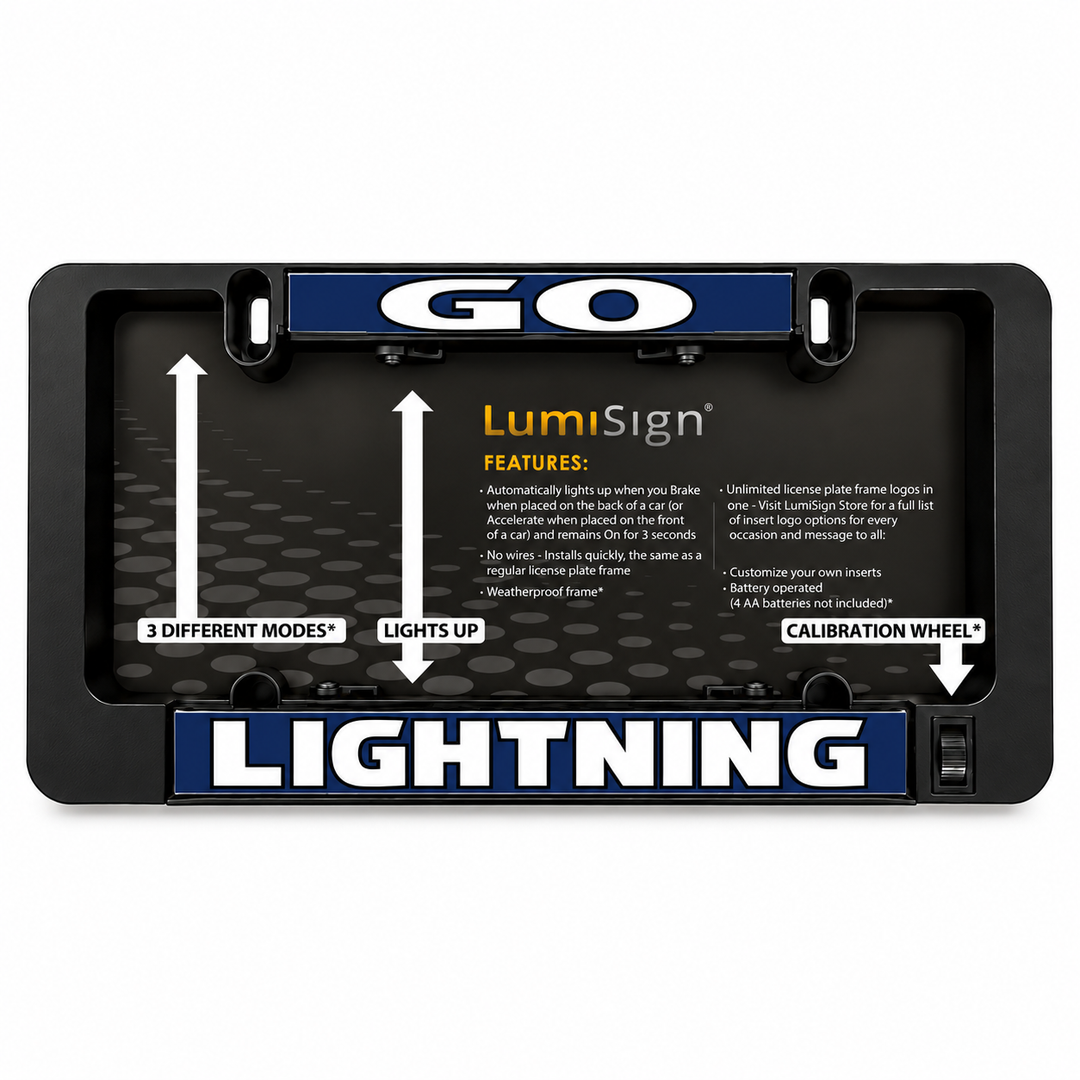 LED license plate frame insert kit, black with blue Lightning lettering