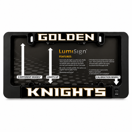 Lumisign Knights LED license plate frame, black packaging back showing 3 modes and calibration