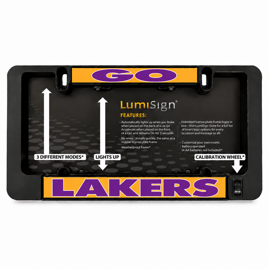 Illuminated LumiSign LAKERS license plate frame with display insert and calibration wheel