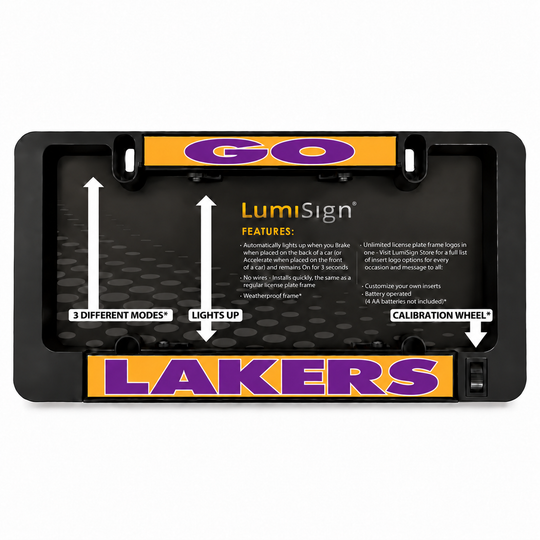 Illuminated LumiSign LAKERS license plate frame with display insert and calibration wheel