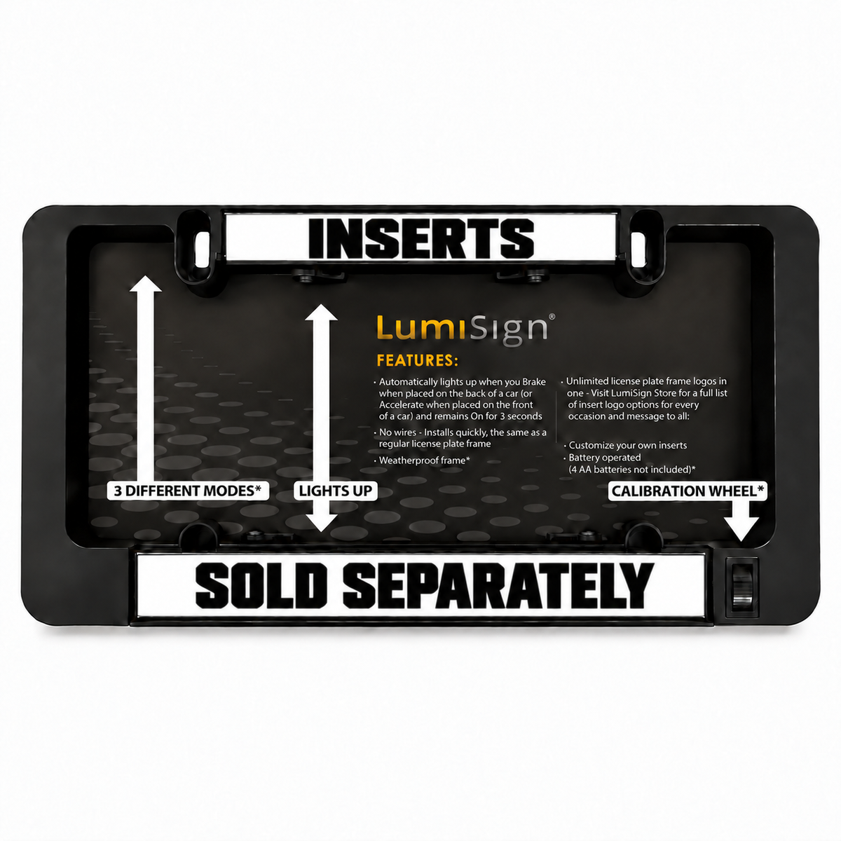 LumiSign license plate frame back panel with insert modes and calibration wheel