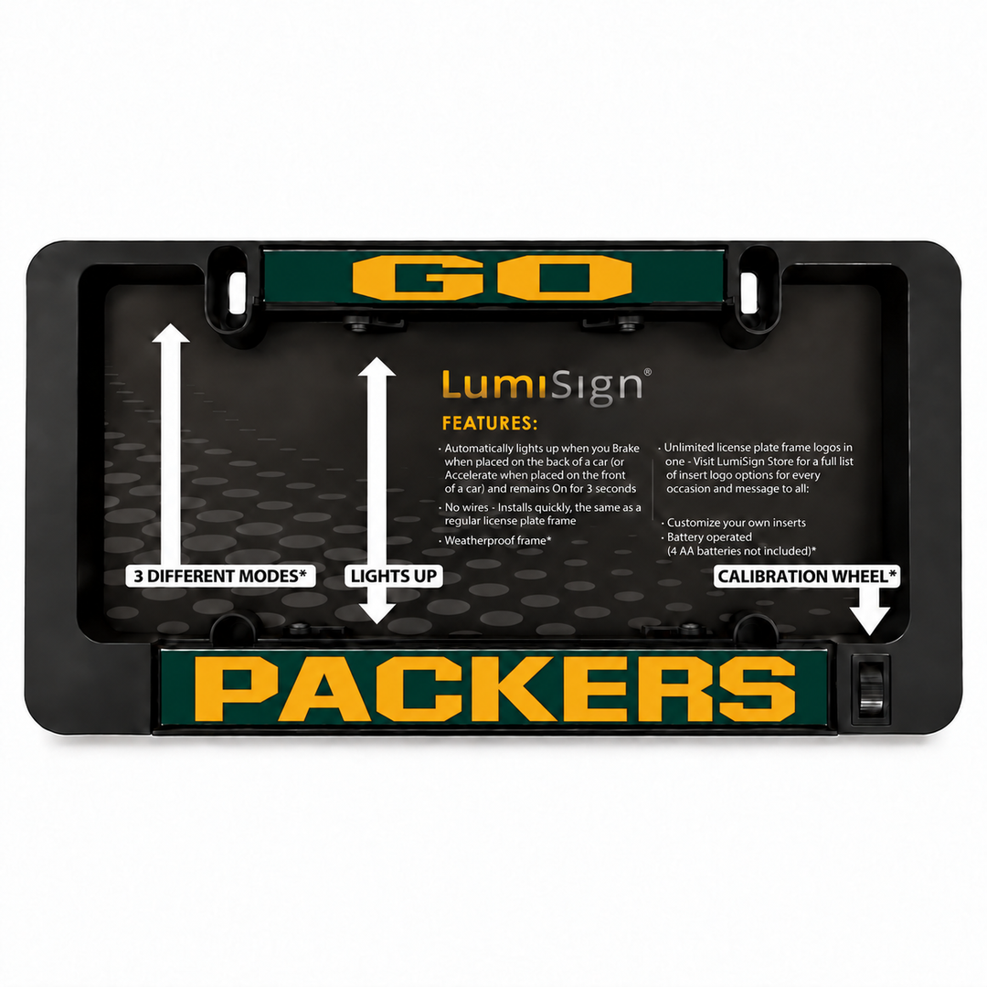 Black LumiSign license plate frame with illuminated Packers and GO inserts