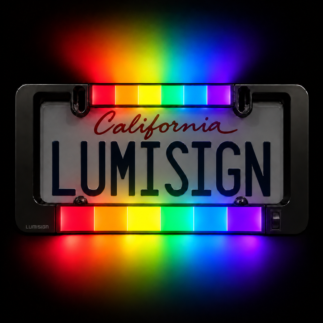 LumiSign pride rainbow LED license plate frame, black border with multicolor light bar