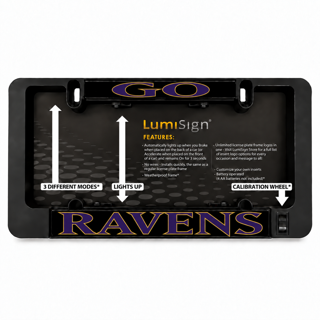 Black illuminated license plate frame with RAVENS and LumiSign glowing inserts