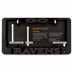 Black illuminated license plate frame with RAVENS and LumiSign glowing inserts