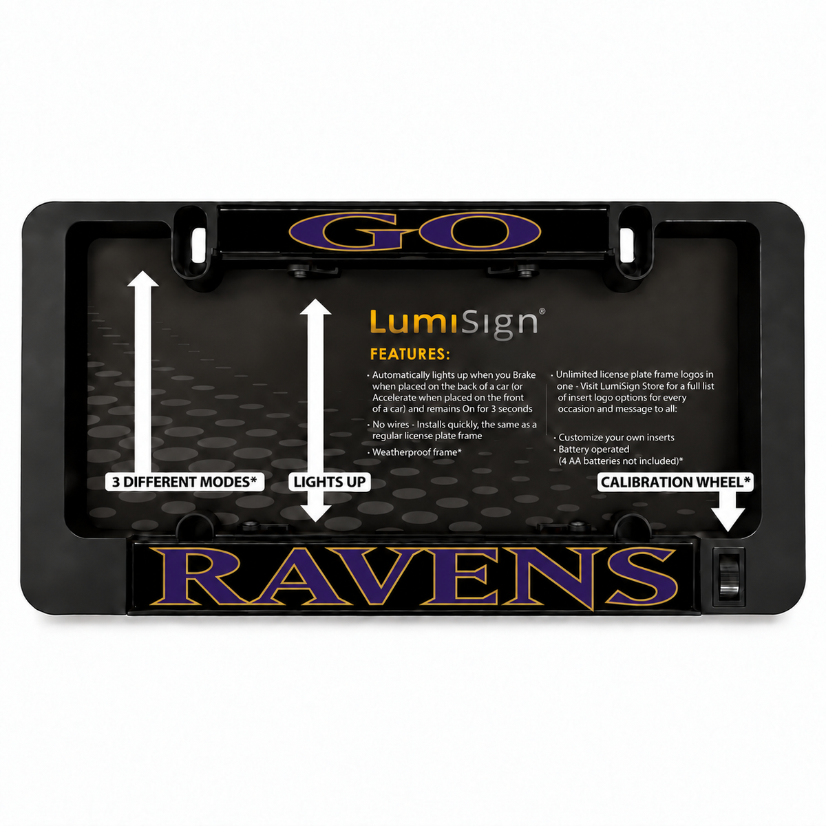 Black illuminated license plate frame with RAVENS and LumiSign glowing inserts