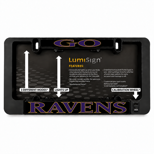 Black illuminated license plate frame with RAVENS and LumiSign glowing inserts