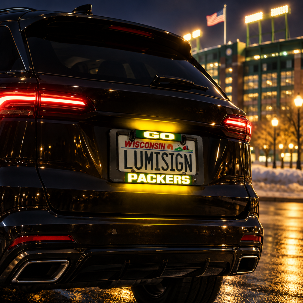 Illuminated LumiSign license plate frame on car rear, GO Wisconsin Packers text