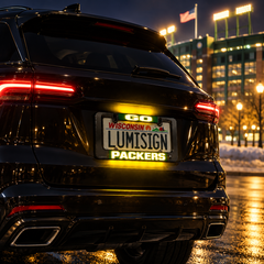 Illuminated LumiSign license plate frame on car rear, GO Wisconsin Packers text