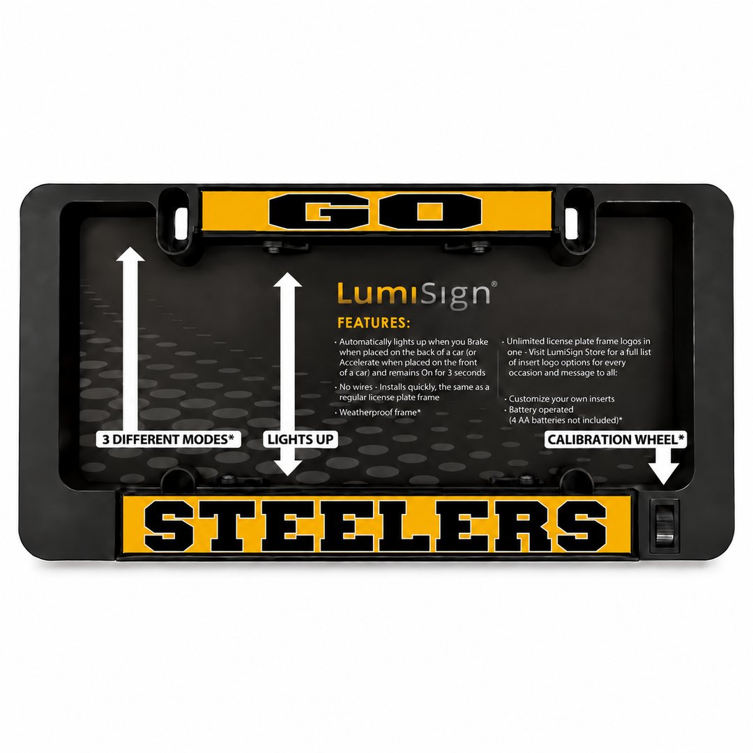 Steelers Lumisign license plate frame with features panel and calibration wheel