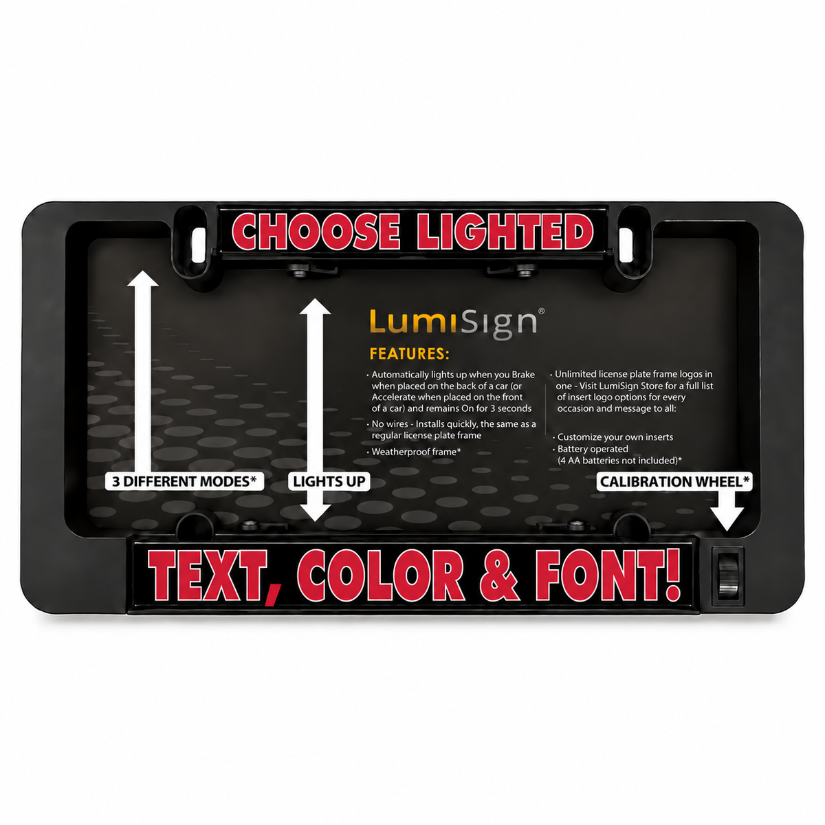Black license plate frame rear panel with modes, text insert area, and calibration wheel