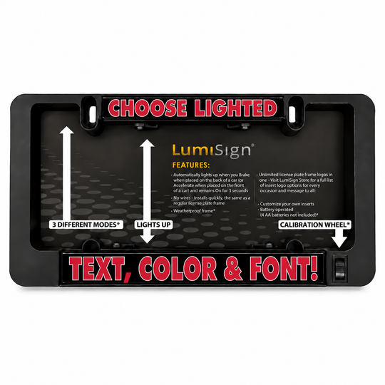 Black license plate frame rear panel with modes, text insert area, and calibration wheel