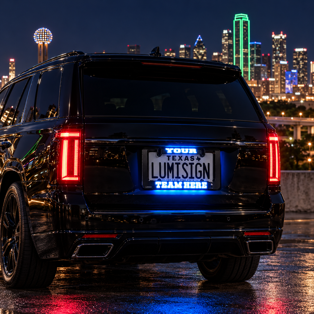 LUMISIGN light-up license plate frame on car, glowing text and vertical red LED bars