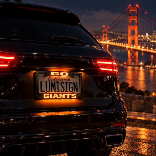 Lit LED license plate frame insert with GO California LUMISIGN GIANTS text