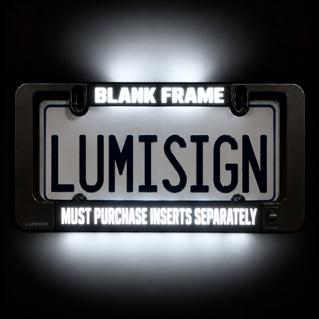 LumiSign LED license plate frame insert holder with “BLANK FRAME” and “LUMISIGN”