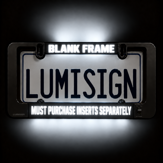 LumiSign LED license plate frame insert holder with “BLANK FRAME” and “LUMISIGN”