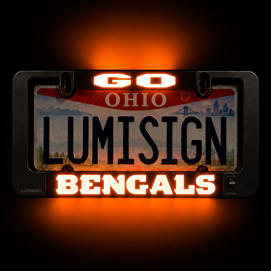 BENGALS illuminated license plate frame with Lumisign insert, front view, black casing