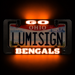 BENGALS illuminated license plate frame with Lumisign insert, front view, black casing