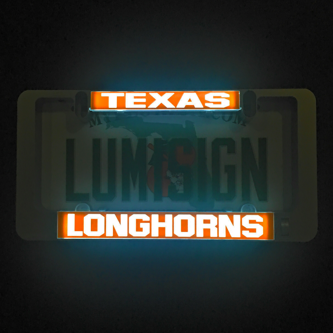Lit Texas Longhorns LumiSign inserts with glowing TEXAS and LONGHORNS text