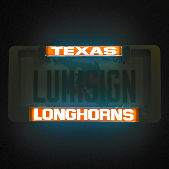 Lit Texas Longhorns LumiSign inserts with glowing TEXAS and LONGHORNS text