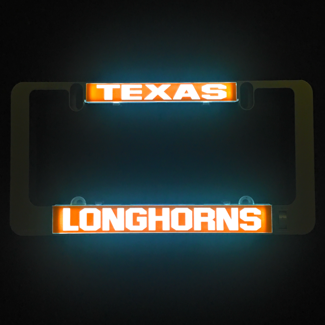 Lit Texas Longhorns LumiSign inserts with glowing TEXAS and LONGHORNS bars