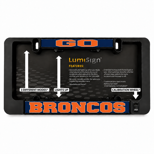 Lumisign LED license plate frame back with mode labels, Broncos insert, calibration wheel
