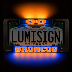 Lumisign LED license plate frame insert set with Broncos text, glowing blue