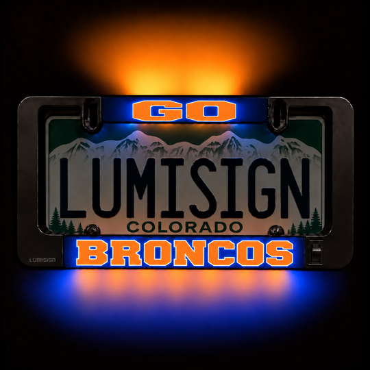 Lumisign LED license plate frame insert set with Broncos text, glowing blue