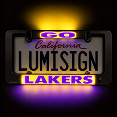 Close-up of glowing LumiSign license plate insert reading California and LAKERS