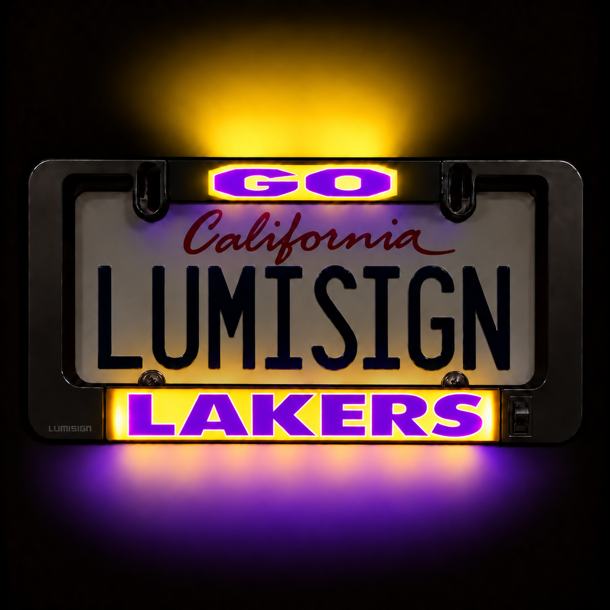 Close-up of glowing LumiSign license plate insert reading California and LAKERS