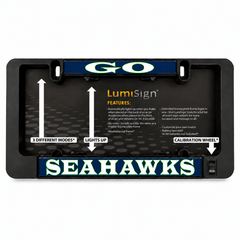 LED license plate frame with glowing Seahawks LumiSign insert in a black holder
