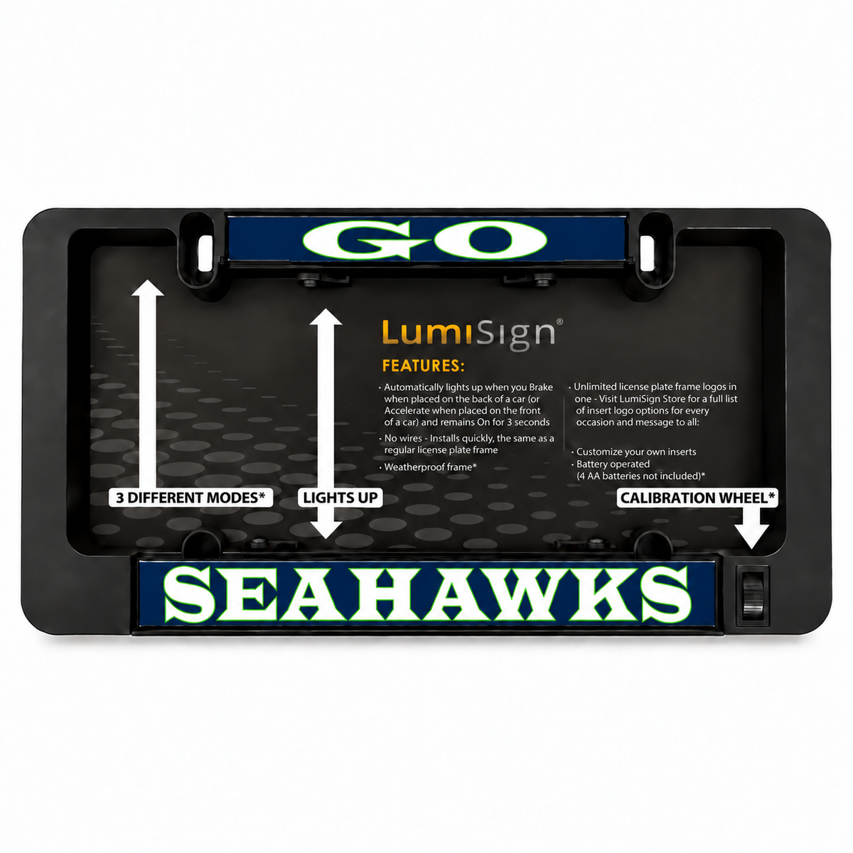 LED license plate frame with glowing Seahawks LumiSign insert in a black holder