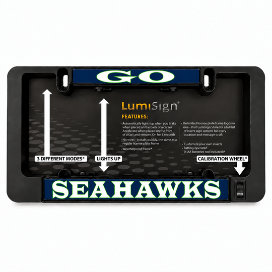 LED license plate frame with glowing Seahawks LumiSign insert in a black holder