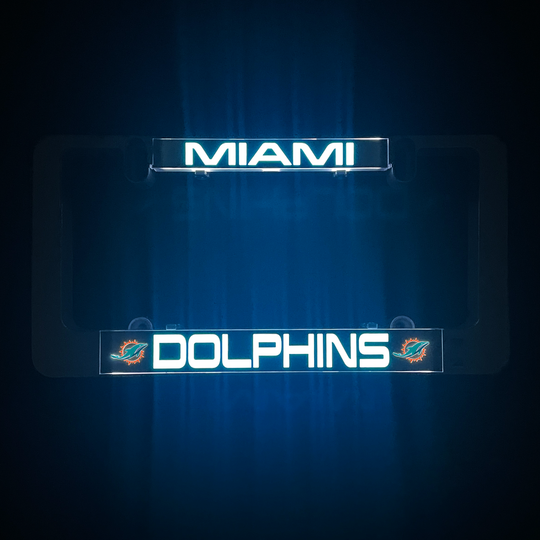 LumiSign license plate frame with Miami Dolphins glowing inserts in blue