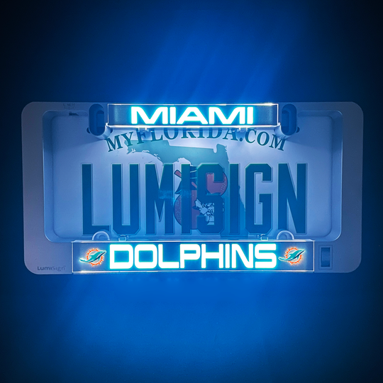 LumiSign license plate frame insert set with Miami Dolphins logo, blue glowing sign