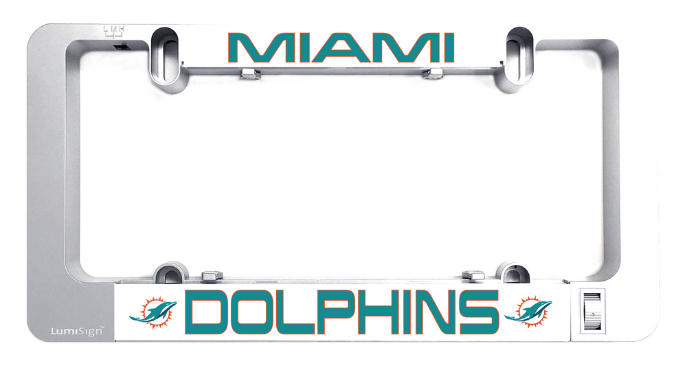 Grey LumiSign license plate frame with Dolphins logo insert and mounting hooks