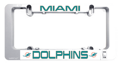 Grey LumiSign license plate frame with Dolphins logo insert and mounting hooks