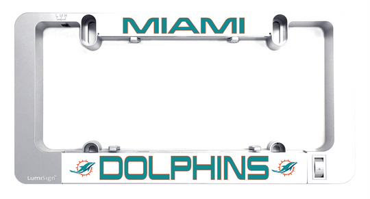 Grey LumiSign license plate frame with Dolphins logo insert and mounting hooks