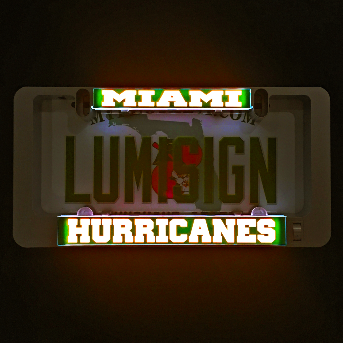 Miami Hurricanes LumiSign inserts glowing: MIAMI and HURRICANES banners