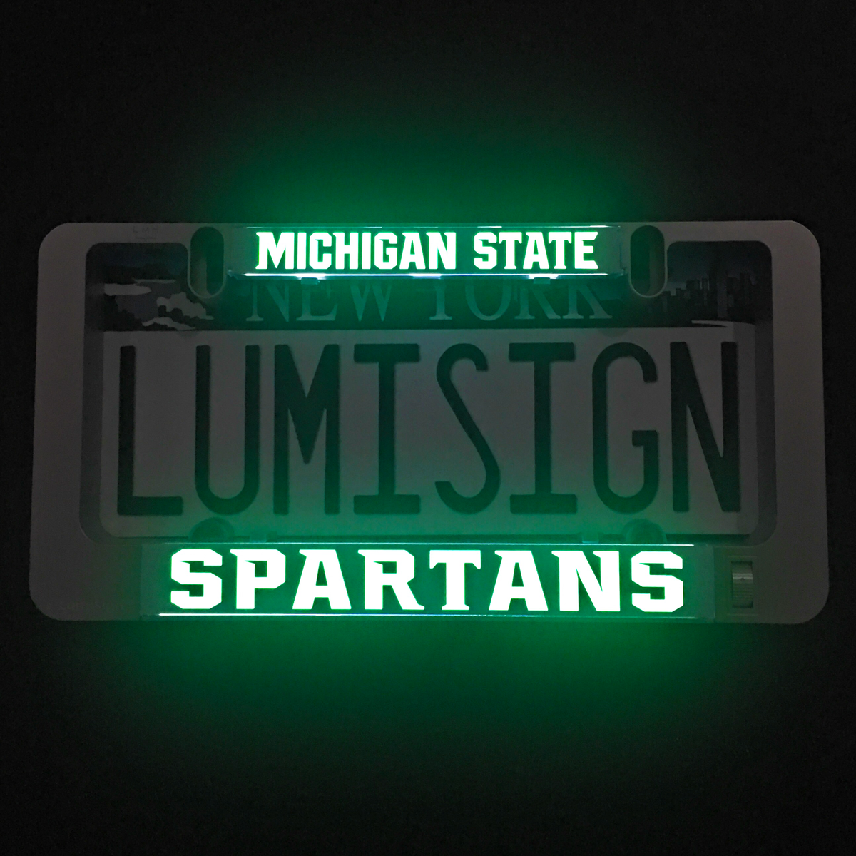 LumiSign insert with illuminated MICHIGAN STATE and SPARTANS lettering, green glow