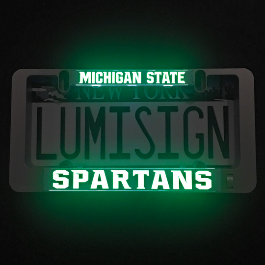 LumiSign insert with illuminated MICHIGAN STATE and SPARTANS lettering, green glow
